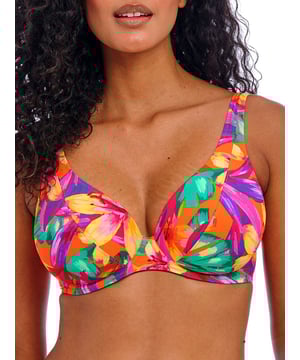 Freya Sun Haze High Apex Bikini Top. Underwired non padded plunge swimwear top with a high apex shape, a J-hook feature for easy conversion to a racerback style and powernet lined cups for shaping and support. This product is recommended as hand wash only.