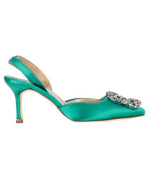 VINTAGE, RRP AS NEW
 Add a touch of luxury and glamour to your footwear collection with the Manolo Blahnik Hangisi 70 Embellished Slingback Pumps in Green Satin. These exquisite pumps are crafted from rich green satin that exudes opulence, while the sleek 70mm heel offers a perfect balance of height and comfort. The standout feature is the intricate embellishment at the toe, adding a dose of sparkle and sophistication to every step you take.

Manolo Blahnik Hangisi 70 Embellished Slingback Pumps in Green Satin

Condition: Very good
Signs of wear: Include Box., Minor markings, Lightly used but very well maintained. Minor mark at soles & creasing, light scuffing at the soles and heels.
Packaging: Box, Dust bag
Color: Green 
Material: Satin 
Size: IT34.5/UK1.5/FR35.5/US4.5/EU34.5
Measurements: Heel height: 80; Insole length: 260
SKU: NAPPUGBSH429005W