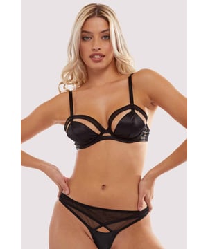 Simple, sophisticated, but highly erotic, the Charlie bra in sleek black satin features a strong plunge with cut out detailing around the cup. This set is definitely a boudoir essential.