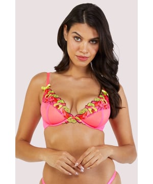 Elevate your lingerie game with the Magda Neon Pink Cocktail Embroidery Plunge Bra. Vibrant and playful, this Bra features neon pink mesh cups with an embroidery overlay reminiscent of cocktails, perfectly complemented by the sunny yellow satin bow details. The plunge neckline enhances your curves, with adjustable straps for a personalized fit, this bra is both stylish and supportive. Match the Magda Neon Pink Cocktail Embroidery Plunge Bra with the Suspender Belt and Brief for the full look.




Neon Pink Mesh Plunge Bra
Cocktail embroidery
Yellow satin bow details
Underwired
Adjustable Straps




Main: 100% Polyester. Main 2: 76% Polyamide 24% Elastine. Excluding trims.