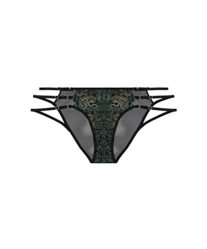 Venomous vamps, the Dakota set is for you. With it's slithering snake embroidery over black mesh and glistening gold and green embroidered florals, this set is bound to tempt you into taking a bite of that deliciously sinful apple...
Strappy detail on sides
Black mesh panel at front and back
100% cotton gusset
Embroidered snakes &florals at front

 