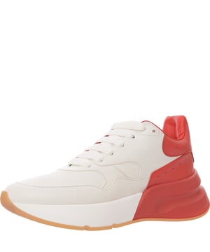 Alexander Mcqueen Runners
       â€¢ Brand: Alexander Mcqueen
       â€¢ Material: 100%Lambskin
       â€¢ Design: These Runners combine luxurious materials with cutting-edge design, delivering a bold yet refined sneaker. The upper is crafted from soft, supple lambskin leather, providing both a sleek finish and comfort. The design blends classic running shoe elements with a high-fashion twist, featuring a streamlined, low-profile silhouette and minimalistic details. Contrasting white and red color accents add a pop of vibrancy, with red typically featured along the heel tab or side panel for a striking effect. The thick rubber sole provides a chunky, modern look, while offering durability and support
       â€¢ Colour: White/Red
       â€¢ Style: The Alexander McQueen Runners exude an effortless blend of luxury and sport-inspired design. The minimalist look, combined with premium lambskin, ensures both comfort and high-end appeal. These sneakers can be paired with everything from casual jeans and sweatshirts to more elevated looks like tailored trousers or skirts, offering versatility across different settings
