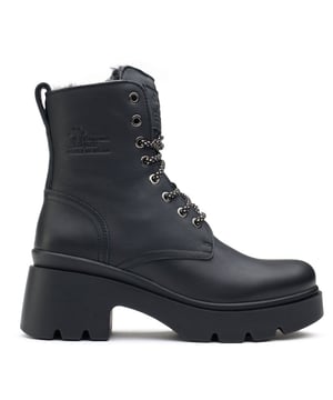 Embrace the seasonal changes in style and confidence with the Panama Jack Porty ankle boots. These black Leather boots blend premium materials with a cleated, rugged rubber sole to provide a gripping, sturdy stride, whilst the block heel and raised sole give extra height. The cosy, cuddly faux fur plush lining keeps your feet warm on chilly days. Their contemporary combat design showcases two-toned laces with gleaming metal eyelets and heel branding. These Panama Jack boots are your quintessential companion for a stand-out, confident look.