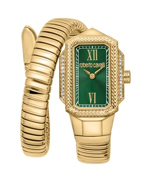 De Roberto Cavalli Lady horloge is een modieus sieraad, ontworpen voor volwassen vrouwen, dat elegantie combineert met een moderne stijl. Het beschikt over een nauwkeurige kwartsbeweging en een minimalistische wijzerplaat met twee wijzers. De behuizing is vervaardigd uit stainless steel in een rijke gele gouden tint, met een dikte van 8 mm, terwijl de diameter van de kast niet gespecificeerd is. Het mineraalglas voegt duurzaamheid toe en de pull & push kroon zorgt voor gebruiksgemak.

Deze horloge is waterbestendig en wordt geleverd met een bijpassende band van gele gouden stainless steel, met een lengte van 23 cm en een breedte van 13 mm, die zowel stijl als comfort biedt. De wijzerplaat springt eruit in een unieke flesgroene tint, wat een verfijnd contrast geeft met de kast en band in goudtint. Met een gewicht van 46 gram is dit geen limited edition model en beschikt het niet over luminescerende wijzers of indexen. Het is een verfijnd accessoire dat geschikt is voor dagelijks modegebruik.