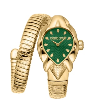 De Roberto Cavalli Lady-horloge is een modieuze tijdmeter ontworpen voor volwassen vrouwen, die elegantie combineert met een hedendaagse stijl. Het beschikt over een quartz uurwerk met een klassieke driewijzerdisplay, wat zorgt voor nauwkeurige tijdsaanduiding. De kast is gemaakt van roestvrij staal in een luxe gele gouden afwerking, met een slank profiel van 8 mm dikte. Hoewel de kastdiameter niet gespecificeerd is, behoudt het ontwerp een verfijnde en elegante uitstraling. De horloge is uitgerust met een duurzaam mineraalglas en een handige push & pull kroon.

Dit model heeft een bijpassende gele gouden roestvrij stalen band, die 22 cm lang en 12 mm breed is, wat zowel comfort als stijl biedt. De wijzerplaat heeft een onderscheidende flesgroene kleur, wat een gedurfde contrast creëert tegen de gouden kast en band. Met een gewicht van 49 gram is de horloge waterbestendig maar beschikt het niet over lichtgevende wijzers of indexen. Het is geen gelimiteerd model, waardoor het een perfecte keuze is voor dagelijkse mode met een vleugje verfijning.