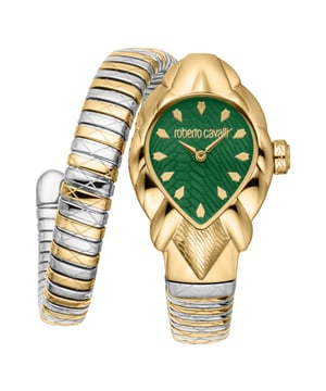 De Roberto Cavalli Lady-horloge is een stijlvolle modeaccessoire ontworpen voor volwassen vrouwen, met een mix van verfijning en moderne aantrekkingskracht. Aangedreven door een betrouwbare quartz beweging, beschikt het over een klassiek drie-hands display voor nauwkeurige tijdsweergave. De kast is gemaakt van roestvrij staal met een afwerking in geelgoud, met een dikte van 8 mm, terwijl de diameter niet is opgegeven. Een duurzaam mineraalglas beschermt de wijzerplaat, en een trek- en duw kroon maakt eenvoudige afstelling mogelijk.

Dit horloge wordt geleverd met een roestvrijstalen band die een elegante combinatie van zilvergrijs en geelgouden tinten toont. De band heeft een lengte van 22 cm en een breedte van 12 mm, wat zorgt voor een comfortabele en veilige pasvorm. De wijzerplaat is gepresenteerd in een rijke flesgroene kleur, wat een opvallend contrast vormt met de bicolor band en kast. Met een gewicht van 49 gram is het horloge waterbestendig en bevat het geen luminescerende wijzers of indexen. Het is geen limited edition, waardoor het een ideale keuze is voor dagelijks gebruik met een vleugje luxe.