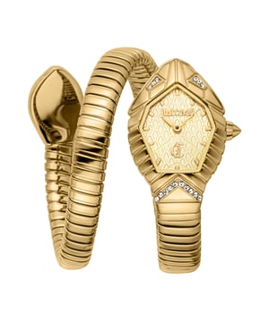 An icon of bold elegance and timeless allure. This full-gold Snake watch stands out with its sculptural design, featuring a hexagonal case with sharp lines and refined details inspired by the beauty of the animal world. The tone-on-tone snakeskin-textured dial seamlessly blends with the wrap-around bracelet, creating a fluid and mesmerizing effect. Subtle crystal accents enhance its sophisticated appeal, making this timepiece the perfect choice for those who seek an exclusive accessory that balances strength and refinement with effortless style.