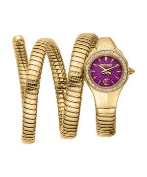 The Vita model watch, reference number JC1L355M0035, is a fashionable timepiece with a quartz movement. It features a striking violet dial set within a gold stainless steel case and a matching gold stainless steel band. The watch has a round shape, with a case size of 22 mm in diameter and a thickness of 7 mm. It operates with a 2-hand display and is water-resistant up to 30 meters (3 ATM), making it suitable for everyday wear. Manufactured in China between 2010 and the present, this watch comes with its original box and packaging, papers, a manual/booklet, and service records. Additionally, it includes a seller warranty and a 2-year manufacturer warranty. The band width is 10 mm, contributing to the watch's elegant design.