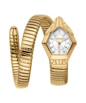 A bold design that reinterprets the serpent motif with sharp lines and precious details. The polished gold-tone double-wrap bracelet coils elegantly around the wrist, while the geometric engravings on the surface create a refined interplay of texture and reflections. The hexagonal case, inspired by the structure of scales, frames a silver sunray dial adorned with crystal indexes that add brilliance and depth. The perfect balance between futuristic design and glamorous details makes this watch a distinctive accessory, designed for those who dare to stand out with style.