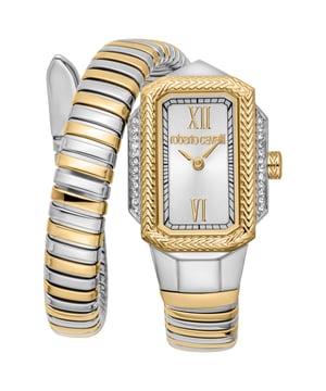 Het Roberto Cavalli Lady horloge is een stijlvolle modeaccessoire ontworpen voor volwassen vrouwen. Het werkt op een betrouwbare kwartsbeweging en beschikt over een slanke wijzerplaat met twee wijzers. De kast is gemaakt van roestvrij staal met een combinatie van zilvergrijs en geelgouden tinten, wat het een verfijnde en elegante uitstraling geeft. Hoewel de diameter van de kast niet is gespecificeerd, heeft het een slank profiel met een dikte van 8 mm. Het horloge is beschermd door een duurzaam mineraalglas en heeft een push & pull kroon voor gemakkelijke aanpassing.

Dit uurwerk is waterbestendig en wordt geleverd met een roestvrijstalen band die perfect aansluit bij de dual-tone kast, met een mengeling van zilvergrijs en geelgoud. De band heeft een lengte van 23 cm en een breedte van 13 mm, wat zorgt voor een veilige en comfortabele fit. De wijzerplaat is ook in zilvergrijs, wat een samenhangende en verfijnde uitstraling creëert. Met een gewicht van 46 gram heeft het horloge geen luminescerende wijzers of indexen en is het geen limited edition model, waardoor het een elegante keuze is voor dagelijks gebruik.