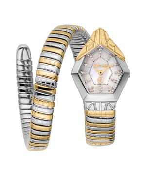 A perfect blend of elegance and modernity comes to life in a bold design inspired by the sinuous silhouette of the serpent. The flexible double-wrap bracelet alternates gold and silver finishes, creating a refined contrast that enhances the structure’s dynamic appeal. The hexagonal case, reminiscent of scale textures, frames an iridescent mother-of-pearl dial adorned with crystal indexes that add extra brilliance. This model embodies the perfect balance between sophisticated details and sharp lines, designed for those who love to express their personality through distinctive accessories.