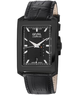 Where the triumphant achievements of human ingenuity embrace the finest offerings of the natural world, behold the Gevril Manhattanhenge Automatic Stainless-Steel Watch – an epitome of masculine sophistication. In a realm where artistry and nature's grandeur converge, this timepiece stands tall, a testament to the exquisite fusion of man's genius and the elements' magnificence.

Capturing a sublime instant when the dance of the sun intersects with the rigid grid of Manhattan's steel jungle, the Manhattanhenge watch pays homage to this biannual spectacle of unparalleled visual splendor. It is a fleeting moment frozen in time, a celebration of the majestic alignment between celestial and architectural forces.

Dominating the wrist with its commanding presence, this horological masterpiece boasts a formidable 31mm x 39mm rectangular stainless-steel case. Its contours mirror the soaring lines of skyscrapers, a symphony of masculinity and elegance that encase the heart of the watch. The centerpiece of this limited-edition marvel is the Vertical Day display, an innovation that channels the power of the sun, gracing the pristine white dial with its radiant presence. Behold through the exhibition case back the meticulous inner workings, while a secure screw-down crown stands as a sentinel of precision.

Gevril's unyielding commitment to perfection is evident in every meticulously crafted detail, including the bespoke Handmade Italian black leather strap, painstakingly fashioned by skilled artisans, securing with a confident tang buckle. This timekeeping masterpiece finds its beating heart in a Swiss-made automatic movement, an assurance that not a single sunrise or sunset shall escape your notice.

Drawn from the embrace of the natural world and elevated through the hands of true artisans, the Manhattanhenge is not just a watch – it is a harmonious sanctuary, a respite from the relentless demands of a bustling day. Amidst the chaos of life, it stands as a beacon of serenity, reminding the discerning gentleman that even in the midst of his endeavors, every pursuit deserves a momentary pause. Gevril 371.65.32 Men's Manhattanhenge Automatic Stainless-Steel Watch

Gevril Men's Swiss Automatic from the Manhattanhenge Collection
31mm x 39mm Rectangle 316L Stainless Steel IP/BLK Case, Black Dial with Exhibition Case Back
Day date
Push Pull
Limited Edition
Black Handmade Italian Leather Strap with Tang Buckle
Anti-reflective Sapphire Crystal
Water Resistant to 100 Meters/10ATM
Swiss Made Automatic, Day Date, ETA 2836-2