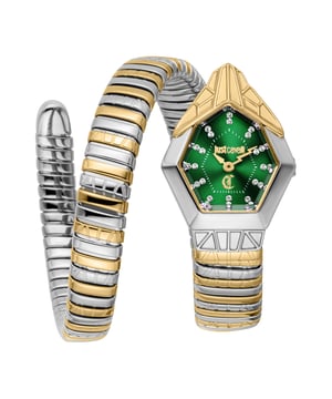 An icon of boldness and sophistication takes shape in a wrap-around design that enhances the serpent motif with refined details. The flexible double-wrap bracelet alternates gold and silver finishes, creating a sophisticated contrast that enhances its dynamic structure. The hexagonal case, inspired by the texture of scales, frames a deep green sunray dial—a symbol of strength and elegance—enriched with crystal indexes that catch the light with every movement. The fusion of striking tones and geometric lines makes this model a distinctive accessory, perfect for those who dare to stand out with style