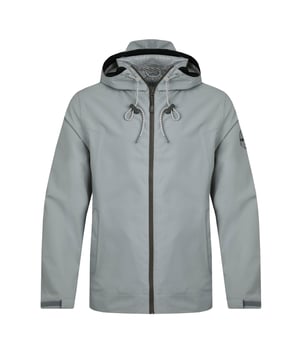 100% Polyester. Design: Grid, Plain. Fabric Technology: Breathable, Waterproof. Neckline: Hooded. Cuff: Hook And Loop Strap. Sleeve-Type: Long-Sleeved. Packaway, Taped Seams, Underarm Eyelets. Hood Features: Metal Aglet, Peaked, Toggle Adjuster. Pockets: 2 Side Pockets, Zip. Fastening: Front Zip. S-M: 40 in. L-XL: 46 in. XXL-3XL: 52 in.