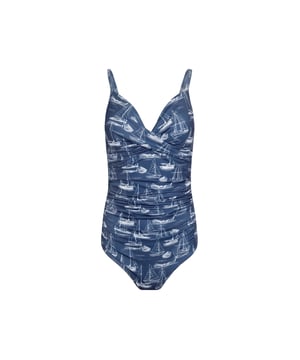 85% Recycled Polyester, 15% Elastane. Design: Boat, Doodle, Printed. Neckline: Cross Neck. Fastening: Pull-On. Back Style: Scooped Back. Adjustable Strap. Fabric Technology: Quick Dry, UV Protection. Ruched Side. Sustainability: Made from Recycled Materials.