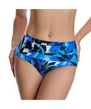 Esta braguita bikini mujer tiro alto con un estampado elegante es perfecto para quienes buscan un diseño divertido y clásico.\n\nDetalles:\n- Corte de tiro alto para mayor cobertura.\n- Tejido de vanguardia con un alto poder moldeador.\n- Fruncido central que estiliza la figura.\n- Estampado tropical.\n- Alta resistencia al cloro, cremas y aceites bronceadores y excelentes propiedades de absorción de la humedad.\n\nTodas las partes de abajo bikini de nuestros bikinis se acoplan a la perfección a tu anatomía, resaltando las virtudes de piernas. Y es que, nuestras braguitas bikini se adaptan a la perfección a cualquier tipo de mujer.\n\nNo hace falta tener unas piernas de vértigo para que las partes de de abajo bikini de nuestros bikinis cintura alta te sienten estupendamente.\n Composición: Exterior: 80% Poliamida, 20% Lycra; Interior: 76% Poliamida, 24% Elastano.\n Cuidados:\nLavar a mano.\nUsar jabón neutro.\nNo retorcer ni exprimir.\nSecar al aire libre.