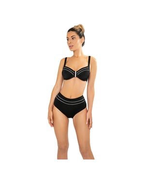 Deze damesbikiniset is een ideale keuze voor wie op zoek is naar een zomerse look die comfort en stijl combineert. Met zijn moderne ontwerp en zorgvuldig vervaardigde details is dit damesbadpak perfect om je figuur te accentueren terwijl je geniet van een dag zon en zee.\n\n Details:\n\n Top:\n - Verstelbare bandjes.\n - Beugelcups met gerimpelde details.\n - Centraal detail.\n - Metalen clipsluiting.\n - Sneldrogend en chloorbestendig materiaal.\n\n Bikinibroekje:\n - Hoog getailleerd model.\n - Elastische taille.\n - Geavanceerde vormgevende stof.\n\n We kunnen gerust zeggen dat bikinisets voor dames je alles bieden wat je zoekt om van de zomer te genieten.\n\n Onze tweedelige badpakken voor vrouwen passen perfect bij elk type en elke borstomvang, zonder uitzondering.\n Samenstelling: Buitenkant: 82% Polyamide, 18% Elastaan; Binnenkant 1: 92% Polyester, 8% Elastaan; Binnenkant 2: 73% Polyamide, 27% Elastaan; Binnenkant 3: 90% Polyester, 10% Elastaan.\n Onderhoud:\nHandwas.\n Gebruik neutrale zeep.\n Niet draaien of knijpen.\n Aan de lucht laten drogen.