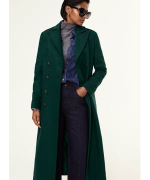 Description\nA beautifully-cut coat will elevate any outfit. Inge is one of our most sophisticated styles, with military-inspired epaulettes and naval-style buttons. Devastatingly elegant, it is made from a recycled wool blend and cut for a longer length to keep you wrapped up in style. Enjoy year after year!\nOur recycled wool blends may have small imperfections as a result of the recycling process, this means every piece is a little bit unique.\n\nCrafted in a recycled wool blend\nFully lined\nFlap pockets accessed from the sides\nLong length\nTailored fit\n\n\nSustainable Attributes:\n Made in Europe  Low impact  Low Water Use  Mulesing free    Recycled Fibres  Ethically made   Low Carbon \n\nDetails\nModel is 5'10 (177cm) and is wearing a UK 1055% Recycled Wool, 30% Recycled Polyester, 10% Recycled Acrylic, 5% OFDry Clean OnlyProduct code: OT40079-PNG Back shoulder at neck to hem - 120cm (47 1/4) Sleeve length - 61cm (24)