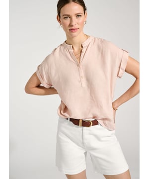 Description\nOn warm days where you’re seeking something a little different from a blouse or tee, reach for Alexia. This effortless style comes in a relaxed, boxy silhouette and grown-on sleeves. In a pretty shade of powder pink, it works with both tailored navy trousers and crisp white jeans. In breathable linen, it’ll keep you looking - and feeling - cool.  \n\nMade in Europe\nCrafted from pure flax linen \nHalf button fastening \nSimply pulls on \nStand collar\n\n\nSustainable Attributes:\n  Low Water Use   Natural fibres    Ethically made    Vegan \n\nDetails\n100% Linen Delicate Machine Wash - 30°Product code: SH40235-PPKBack shoulder at neck to hem - 60cm (23 5/8)