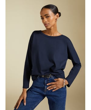 Description\nFits true to size, however if you are inbetween sizes, we suggest you size down.\nMore substantial than a tee yet lighter than a sweatshirt, the Montrose Organic Top is a casual staple! This relaxed style is cut with a wide boat neck and dropped shoulders, creating a cool twist on a long-sleeve layer. It’s crafted from a premium, heavyweight blend of recycled and organic cotton jersey, boosting its eco credentials. Tucked into jeans with a shacket or a blazer thrown over the top, it’s off-duty dressing sorted.\n\nMade in Europe\nCrafted in organic and recycled cotton blend premium jersey\nRelaxed fit\nSimple pulls on\nContemporary classic\n\n\nSustainable Attributes:\n  Low Water Use  Natural fibres   Organic   Recycled Fibres   Ethically made  Low Carbon \n\nDetails\nModel is 5'10 (177cm) and is wearing a UK 1050% Recycled Cotton, 50% Organic CottonDelicate Machine Wash - 0°Product code: TP40790-DPIBack shoulder at neck to hem - 63cm (24 7/8)Sleeve length - 48cm (18 7/8)