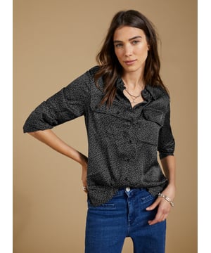 Description\nFits true to size, we suggest ordering your usual size.\nWoven from a premium responsibly sourced viscose that feels like silk, Saffron is a chic sateen shirt to update your wardrobe. Its utility pockets detailing, and subtle spot print make it a contemporary classic. Easy and effortless, style it with the co-ordinating Mandy Satin Trousers for a cool co-ordinating look.\n\nMade in Europe\nCrafted in viscose satin Lenzing™ EcoVero™\nUtility pocket detailing\nButton through\nRelaxed fit\n\n\nSustainable Attributes:\n  Low impact  Low Water Use   Natural fibres   Recycled Fibres   Ethically made  Low Carbon \n\nDetails\nModel is 5'10 (177cm) and is wearing a UK 1049% Lenzing™ EcoVero™ Viscose, 51% Recycled ViscoseDelicate Machine Wash 30˚Product Code: SH40284-BNSBack shoulder at neck to hem - 65cm (25 5/8)Sleeve length - 60cm (23 5/8)