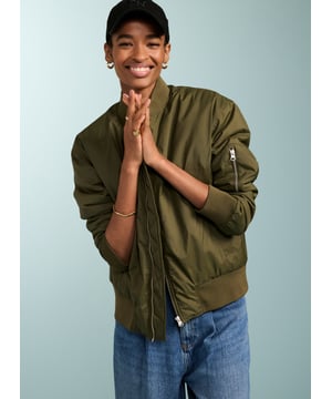 Description\nFeatured in The Times.\nMy favourite (bomber) is from Baukjen, made from recycled fibres. Pair it with jeans, sure, but also – to keep things really up to date – with tailoring, or even evening wear. It’s the perfect sartorial slam dunk. - Anna Murphy, Fashion Director, The Times\nFits true to size, we suggest ordering your usual size.\nWe’re loving our Tegan Bomber jacket. Proudly crafted in recycled fibres, our zip-down bomber jacket is the ultimate lightweight layer, and the perfect partner to so many looks. Tegan features a zip patch pocket on one sleeve, front welt pockets and an internal breast pocket for your valuables. We’ve designed it slightly oversized for that cool, effortless look. Enjoy this for years.\n\nMade in Europe\nCrafted in 100% recycled fibres\nZip patch on sleeve\nSide pockets\n\n\nSustainable Attributes:\n  Low impact  Low Water Use  Recycled Fibres  Ethically made   Vegan    Low Carbon \n\nDetails\nModel is 5'10 (177cm) and is wearing a UK 10100% Recycled PolyesterHand wash Or Dry clean OnlyProduct code: OT40076-NAVBack shoulder at neck to hem - 61cm (24)Sleeve length - 59cm (23 1/4)