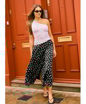 Description\nFits true to size, we suggest ordering your usual size.\nInspired by the best of 90s styling, Celeste is a classic wrap skirt with a timeless polka dot print. Long in length and cut for a a sleek silhouette, it’s a versatile piece to dress up or down. Reach for a jean jacket and mary janes for an easy weekend outfit, or dress it up with slingbacks and a crisp white shirt for relaxed glamour.\n\nMade in Europe\nCrafted in recycled Cupro\nFunctional wrap tie\nLong length\n\n\nSustainable Attributes:\n\n  \n Low Impact \n    Low Water Use\n  \n Natural fibres \n    Ethically made\n    Recycled Fibres \n\n\nDetails\nModel is 5'10 (177cm) and is wearing a UK 1053% Recycled Cupro, 47% Ecovero ViscoseDry Clean OnlyProduct code: SK40190-BPDCentre back waist to hem - 87cm (34 1/4)