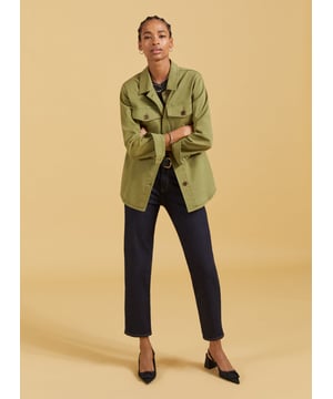 Description\nWhen you need a layer that isn’t quite a jacket, but more substantial than a shirt, call on Stella. This simple, hard-working hybrid comes in the same brushed organic cotton as our popular utility jackets, but is simpler in cut and style. Featuring a pair of patch pockets, wear it over tees and Bretons with jeans, or style it with a leather skirt.\n“Such a hard working piece that should have a place in every wardrobe” - Baukjen\n\nMade in Europe\nCrafted in organic cotton\nVersatile jacket style\nButtons through\nRelaxed fit\n\n\nSustainable Attributes:\n  Natural fibres   Organic   Ethically made   Vegan   Low Carbon \n\nDetails\nModel is 5'10 (177cm) and is wearing a UK 1097% Organic Cotton, 3% Elastane Delicate Machine Wash - 30°Product code: JK40131-LOL Back shoulder at neck to hem - 70cm (27 1/2)Sleeve length - 59cm (23 1/4)