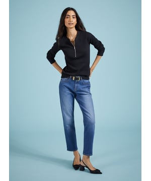 Description\nFits true to size, we suggest ordering your usual size.\nWe’ve tweaked our much-loved organic cotton Boyfriend Jean to incorporate recycled elastane. A small amount is needed for a comfy stretch - but it's a synthetic fibre - so after years of searching, we’re thrilled to have found a lower impact alternative. Expect the same cropped and subtly tapered leg shape with a flattering and feminine fit which has made this style one of our best-sellers.\n\nMade in Europe\nCrafted in premium organic denim that holds its shape\nSubtly tapered leg\nEasy fit around the hip and thigh\nAdded stretch for comfort\n\n\nSustainable Attributes:\n Natural fibres  Organic  Ethically made  Low Carbon    Vegan \n\nDetails\n98% Organic Cotton, 2% ElastaneDelicate Machine Wash - 30° - Wash Inside Out - Wash Light Colours SeparatelyProduct Code: TR512-WSDThis untreated denim will lose some of its colour and shrink when washed. To preserve the look and fit of our denim please wash inside out in cool water. Some dye may transfer onto light coloured fabrics.Inside leg (Rolled) - 68cm (26 ¾”) (Unrolled) - 72cm (28 3/8”