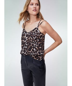 Description\nFits true to size, we suggest ordering your normal size.\nWelcome the versatility of a printed camisole into your wardrobe. The Sutton is crafted from soft and cool TENCEL™, and comes in a timeless leopard print for an injection of glamour, while the double-strap detail sets it apart from the rest. Dress it down with summer staples, and into the office or for evenings out under a tailored blazer - its versatility will surprise you!\n\nCrafted in TENCEL™\nSimply pulls on\nRelaxed fit\n\n\nSustainable Attributes:\n Made in Europe  Low Water Use Ethically made   Vegan  \n\nDetails\nModel is 5'10 (177cm) and is wearing a UK 10100% LENZING™ TENCEL™ Delicate Machine Wash - 30°Product code: TP40708-BNL Back shoulder at neck to hem - 55cm (21 5/8)