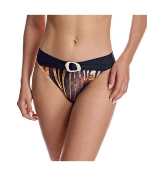 These low-rise women's bikini bottoms feature a modern and comfortable design that flatters the figure with a perfect fit.\n\n Details:\n - Low-rise cut.\n - Cutting-edge fabric with high shaping power.\n - Belt detail with buckle.\n - Painted animal print.\n - High resistance to chlorine, tanning creams and oils and excellent moisture absorption properties.\n\n All the bikini bottoms of our bikinis fit perfectly to your anatomy, highlighting the virtues of your legs. Our bikini bottoms adapt perfectly to any type of woman.\n\n You don't need to have amazing legs for the bikini bottoms of our high-waisted bikinis to look great on you.\n Composition: Exterior: 80% Polyamide, 20% Lycra; Interior: 78% Polyamide, 22% Elastane.\n Care:\nHand wash.\n Use neutral soap.\n Do not twist or squeeze.\n Air dry.