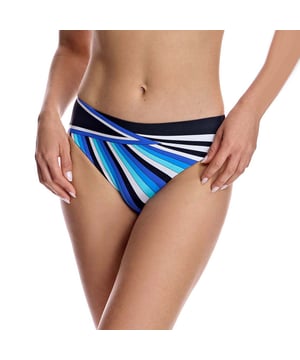Esta braguita bikini mujer tiro medio con un estampado lineal es perfecta para quienes buscan un diseño divertido y clásico.\n\nDetalles:\n- Bajo de talle medio.\n- Tejido de vanguardia con un alto poder moldeador.\n- Diseño con líneas cruzadas.\n- Alta resistencia al cloro, cremas y aceites bronceadores y excelentes propiedades de absorción de la humedad.\n\nTodas las partes de abajo bikini de nuestros bikinis se acoplan a la perfección a tu anatomía, resaltando las virtudes de piernas. Y es que, nuestras braguitas bikini se adaptan a la perfección a cualquier tipo de mujer.\n\nNo hace falta tener unas piernas de vértigo para que las partes de de abajo bikini de nuestros bikinis cintura alta te sienten estupendamente.\n Composición: Exterior: 75% Poliamida, 15% Elastano, 10% Lycra; Interior: 78% Poliamida, 22% Elastano.\n Cuidados:\nLavar a mano.\nUsar jabón neutro.\nNo retorcer ni exprimir.\nSecar al aire libre.