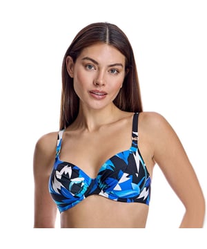 Este top de bikini con aros es la combinación perfecta de estilo y funcionalidad. Con un patrón abstracto, ofrece un look sofisticado y llamativo para la playa o la piscina.\n\nDetalles:\n- Copas con aros y soporte reforzado.\n- Tirantes ajustables.\n- Estampado abstracto vibrante.\n- Material de secado rápido y resistente al cloro.\n- Cierre trasero seguro.\n\nQué duda cabe de que los bikinis son una de las prendas de baño más populares entre las mujeres. Entre los bikinis, la parte de arriba de bikini juega un papel fundamental para verte y sentirte bella. Trabajamos en modelos que te hagan sentir elegante y bella al mismo tiempo, huyendo de cualquier tipo de vulgaridad.\n\nNuestras partes de arriba de bikini se adaptan a la perfección a cualquier tipo y tamaño de pecho sin excepción.\n Composición: Exterior: 80% Poliamida, 20% Lycra; Interior: 67% Poliamida, 23% Elastómero, 10% Elastano\n Cuidados:\nLavar a mano.\nUsar jabón neutro.\nNo retorcer ni exprimir.\nSecar al aire libre.