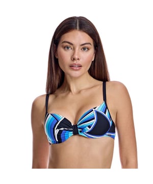 Este top de bikini con aros es la combinación perfecta de estilo y funcionalidad. Con un patrón abstracto, ofrece un look sofisticado y llamativo para la playa o la piscina.\n\nDetalles:\n\n- Copas con aros y fruncido central.\n- Tirantes ajustables.\n- Estampado geométrico moderno.\n- Material de secado rápido y resistente al cloro.\n- Cierre trasero seguro.\n\nQué duda cabe de que los bikinis son una de las prendas de baño más populares entre las mujeres. Entre los bikinis, la parte de arriba de bikini juega un papel fundamental para verte y sentirte bella. Trabajamos en modelos que te hagan sentir elegante y bella al mismo tiempo, huyendo de cualquier tipo de vulgaridad.\n\nNuestras partes de arriba de bikini se adaptan a la perfección a cualquier tipo y tamaño de pecho sin excepción.\n Composición: Exterior: 71% Poliamida, 28% Elastano; Interior: 72% Poliamida, 28% Elastano; Copa: 100% Poliéster\n Cuidados:\nLavar a mano.\nUsar jabón neutro.\nNo retorcer ni exprimir.\nSecar al aire libre.