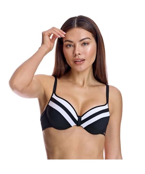 This underwire bikini top is the perfect combination of style and function. It offers a sophisticated and eye-catching look for the beach or pool.\n\n Details:\n\n - Cups with underwire and reinforced support.\n - Adjustable straps.\n - Sport-inspired design.\n - Quick-drying and chlorine-resistant material.\n - Secure rear closure.\n\n There is no doubt that bikinis are one of the most popular swimwear items among women. Among bikinis, the bikini top plays a fundamental role in making you look and feel beautiful. We work on models that make you feel elegant and beautiful at the same time, avoiding any kind of vulgarity.\n\n Our bikini tops adapt perfectly to any type and size of breast without exception.\n Composition: Exterior: 76% Polyamide, 24% Elastane; Interior: 72% Polyamide, 28% Elastane, Cup: 100% Polyester\n Care:\nHand wash.\n Use neutral soap.\n Do not twist or squeeze.\n Air dry.
