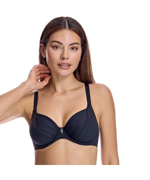 This underwire bikini top is the perfect combination of style and function. Featuring an abstract pattern, it offers a sophisticated and eye-catching look for the beach or pool.\n\n Details:\n - Cups with underwire and reinforced support.\n - Adjustable straps.\n - Gathering at the cups.\n - Quick-drying and chlorine-resistant material.\n - Secure rear closure.\n\n There is no doubt that bikinis are one of the most popular swimwear items among women. Among bikinis, the bikini top plays a fundamental role in making you look and feel beautiful. We work on models that make you feel elegant and beautiful at the same time, avoiding any kind of vulgarity.\n\n Our bikini tops adapt perfectly to any type and size of breast without exception.\n Composition: Exterior: 80% Polyamide, 20% Lycra; Interior: 70% Polyamide, 30% Elastomer, 10% Elastane\n Care:\nHand wash.\n Use neutral soap.\n Do not twist or squeeze.\n Air dry.
