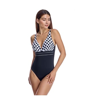 Dit eendelige badpak voor dames combineert elegantie en comfort met een afslankend ontwerp dat het silhouet flatteert. De hoogwaardige materialen en zorgvuldig vervaardigde details maken het een ideaal damesbadpak om er verfijnd uit te zien op het strand of bij het zwembad.\n\n Details:\n - Diepe V-hals.\n - Verstelbare bandjes.\n - Polka dot-ontwerp en plooien aan de bovenkant.\n - Verwijderbare cups.\n - Lage U-vormige rug.\n - Sneldrogend en chloorbestendig materiaal.\n - Optimale bedekking en ondersteuning.\n\n We kunnen gerust zeggen dat eendelige badpakken voor dames u alles bieden wat u zoekt. Als je geïnteresseerd bent in het kopen van een stijlvol en praktisch stuk waarmee je op elk moment van het jaar kunt zwemmen, dan zijn de picozwempakken voor dames iets voor jou.\n\n Onze eendelige zwempakken voor vrouwen passen perfect bij elk type en elke borstomvang, zonder uitzondering.\n Samenstelling: Buitenkant: 80% Polyamide, 20% Lycra; Binnenkant: 75% Polyamide, 25% Elastaan; Cup: 100% Polyester\n Onderhoud:\nHandwas.\n Gebruik neutrale zeep.\n Niet draaien of knijpen.\n Aan de lucht drogen.