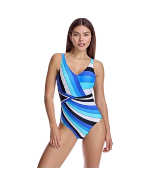 This one-piece swimsuit for women combines elegance and comfort with a slimming design that flatters the silhouette. Its high-quality materials and carefully crafted details make it an ideal women's swimsuit for looking sophisticated on the beach or pool.\n\n Details:\n - Deep V-neckline.\n - Adjustable straps.\n - Geometric print of vibrant lines.\n - Removable cups.\n - Low U-shaped back.\n - Quick-drying and chlorine-resistant material.\n - Optimal coverage and support.\n\n We can safely say that women's one-piece swimsuits will offer you everything you are looking for. If you are interested in purchasing a stylish and practical piece that will allow you to swim at any time of the year, women's pico swimsuits are for you.\n\n Our one-piece swimsuits for women adapt perfectly to any type and size of breast without exception.\n Composition: Exterior: 71% Polyamide, 29% Elastane; Interior: 73% Polyamide, 27% Elastane; Cup: 100% Polyester\n Care:\nHand wash.\n Use neutral soap.\n Do not twist or squeeze.\n Air dry.