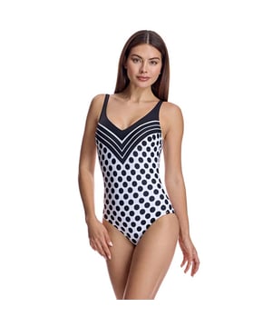 This one-piece swimsuit for women combines elegance and comfort with a slimming design that flatters the silhouette. Its high-quality materials and carefully crafted details make it an ideal women's swimsuit for looking sophisticated on the beach or by the pool.\n\n Details:\n - V-neckline.\n - Adjustable straps.\n - Polka dot print.\n - Removable cups.\n - Low U-shaped back.\n - Quick-drying and chlorine-resistant material.\n - Optimal coverage and support.\n\n We can safely say that women's one-piece swimsuits will offer you everything you are looking for. If you are interested in purchasing a stylish and practical piece that will allow you to swim at any time of the year, women's one-piece swimsuits are for you.\n\n Our one-piece swimsuits for women adapt perfectly to any type and size of breast without exception.\n Composition: Exterior: 80% Polyamide, 20% Lycra; Interior: 80% Polyamide, 20% Elastane; Cup: 100% Polyester\n Care:\nHand wash.\n Use neutral soap.\n Do not twist or squeeze.\n Air dry.