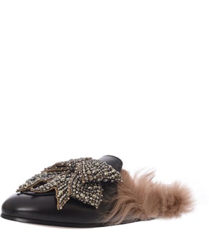Gucci Womens Princetown Shearling Lined Embellished Leather Slippers In Black