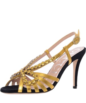 Gucci Womens Crystal Embellished Metallic Leather Heels In Gold