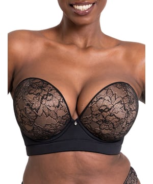 Curvy Kate SuperPlunge Strapless Bra. Multiway strapless bra with an ultra low plunge, inner side sling, cushioned longline band, moulded foam lined cups, multiway straps and lace details. The product is recommended for hand wash only.