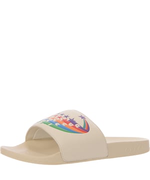 Gucci Womens Pursuit Logo Embossed Leather Slides In White