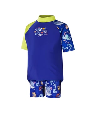 Bring the magic of the ocean to life with our Water Explorers range. Featuring bold colours and a nautical\u0002themed sailboat print  this Short Sleeve Rash Top Set appeals to your little one’s sense of fun and includesa matching top and shorts. The pull-on rash top provides coverage for their shoulders  tummy and backand includes UV protective fabric of UPF40+ for sun protection in and out of the water. Designed for alltheir water adventures  our EnduraBrite fabric offers higher chlorine resistance than standard swimwearfabrics  delivers superb colour performance and fits like new for longer with CREORA® HighClo™. Made inpart from recycled plastic bottles - polyester yarns in the Endurabrite fabric are made from 100% pos
