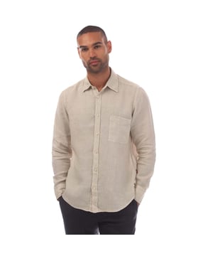 Heren BOSS Relegant 6 Linnen Shirt in beige - verantwoord gekleurde linnen stof - shirt genaaid met dikke garen - oranje draaddetail op de mouwopening en manchetten - verticale oranje lus op de binnenkant van de kraag. 100% Linnen. Machinewasbaar. Ref: 50489344-271
