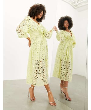 Dresses by ASOS EDITION All other dresses can go home Wrap front Blouson sleeves Tie waist Regular fitSold By: Asos
