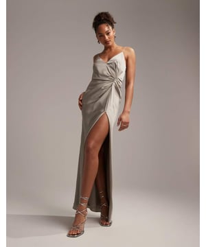 Dresses by ASOS DESIGN Bride approved V-neck Fixed straps Drape detail Thigh-high split Regular fitSold By: Asos
