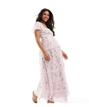 Maternity by ASOS Maternity All other dresses can go home Floral embroidery Wrap front Flutter sleeves Tie waist Regular fit Designed to fit you from bump to babySold By: Asos