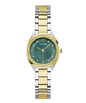 This Guess Charlotte Analogue Watch for Women is the perfect timepiece to wear or to gift. It's Multicolour 30 mm Round case combined with the comfortable Multicolour Stainless steel watch band will ensure you enjoy this stunning timepiece without any compromise. Operated by a high quality Quartz movement and water resistant to 3 bars, your watch will keep ticking. Simple yet elegant, this watch is an everyday classic with a stoned bezel and a pretty dial. High quality 19 cm length and 14 mm width Multicolour Stainless steel strap with a Fold over with push button clasp Case diameter: 30 mm,case thickness: 8 mm, case colour: Multicolour and dial colour: Green