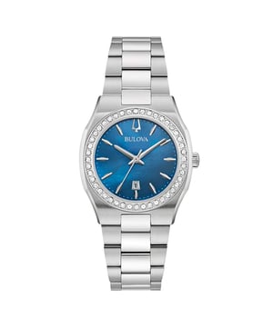 This Bulova Surveyor Analogue Watch for Women is the perfect timepiece to wear or to gift. It's Silver 31 mm Round case combined with the comfortable Silver Stainless steel watch band will ensure you enjoy this stunning timepiece without any compromise. Operated by a high quality Quartz movement and water resistant to 3 bars, your watch will keep ticking. A classic women's watch that will never go out of style from our Surveyor collection, with an added hint of sparkle. This Analogue watch features a calendar function: Date Premium Silver Stainless steel strap, measuring 19 cm in length and 18 mm in width, with a Deployment clasp. Case diameter: 31 mm,case thickness: 8 mm, case colour: Silver and dial colour: Blue